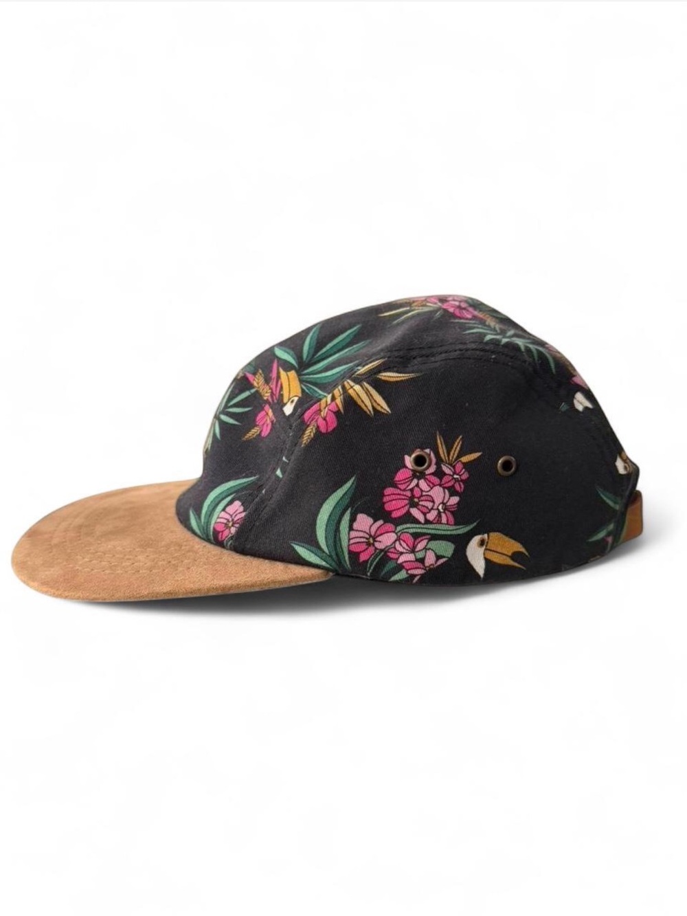 Empyre Black 5-Panel Tropical Floral Camper Hat with Tan Sueded Brim